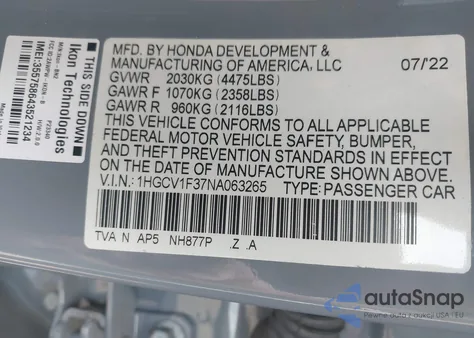 2022 Honda Accord Sport from USA, damaged, VIN 1HGCV1F37NA063265